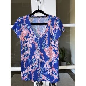 Lilly Pulitzer Etta V-Neck T-Shirt Blue Pink Coral Reef Slub Jersey Tee Small